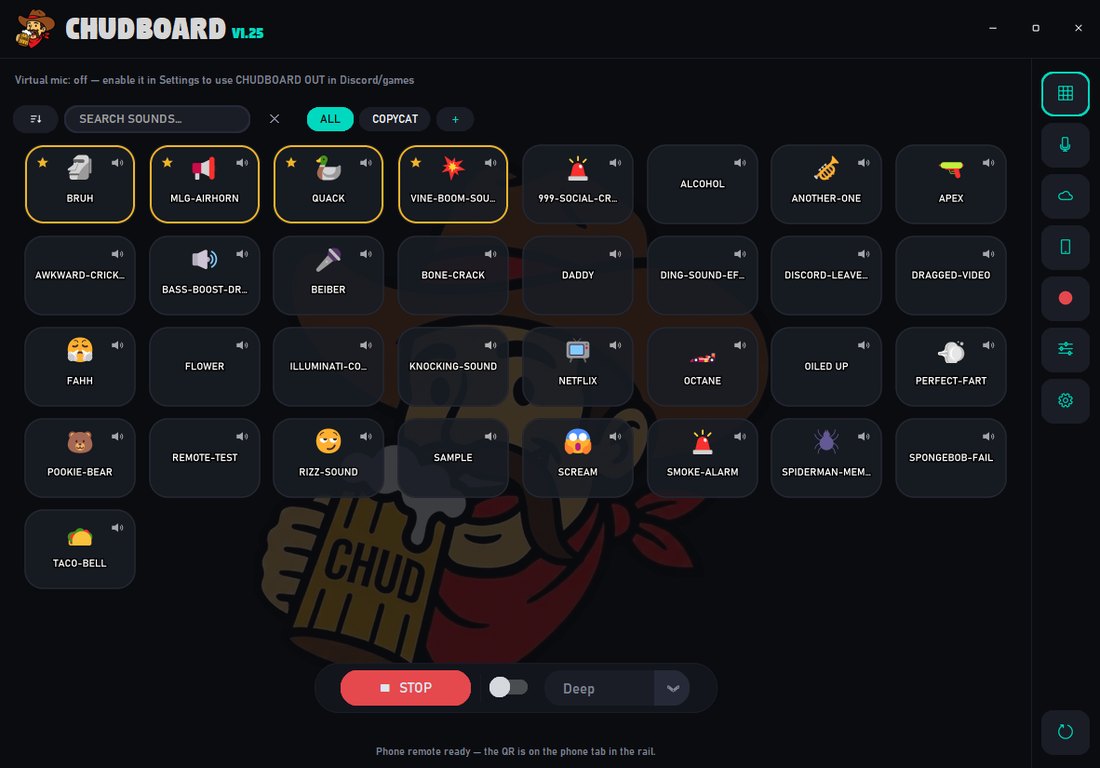 The CHUDBOARD soundboard: a grid of sound tiles with favorites pinned in gold, a voice-changer pill, and the mascot watermark.