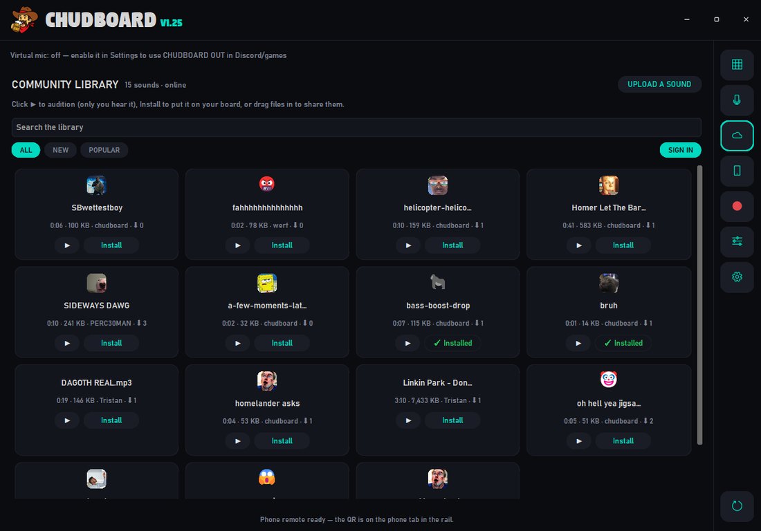 The community library tab with sound cards, preview and install buttons.