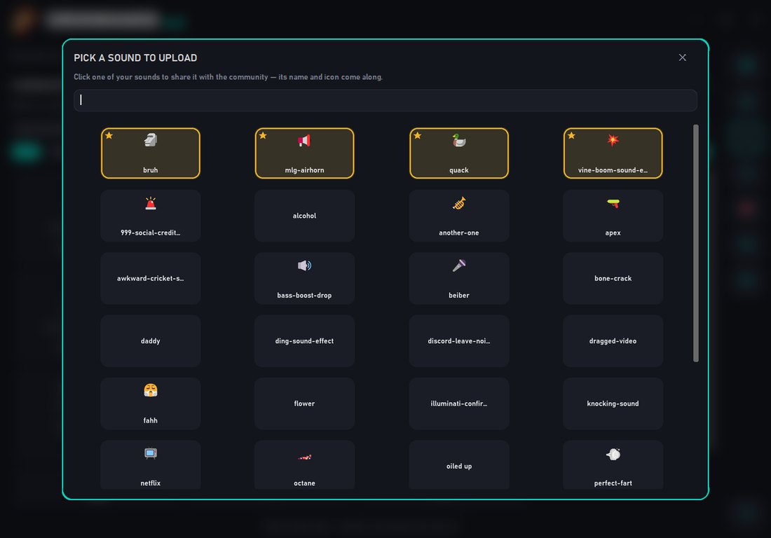 Picking a sound from your board to upload to the community, shown over a blurred library.