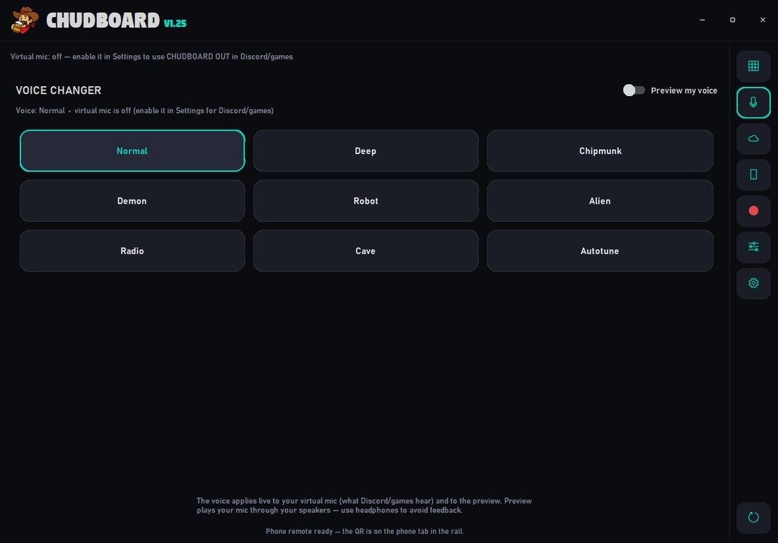The Voice Changer tab with nine voice presets.